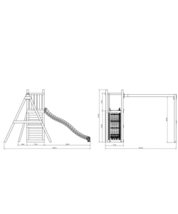 Gioco da esterno per bambini in legno "funny 3 double swing" con torretta scoperta, scivolo e altalena doppia, 345x284x210 cm